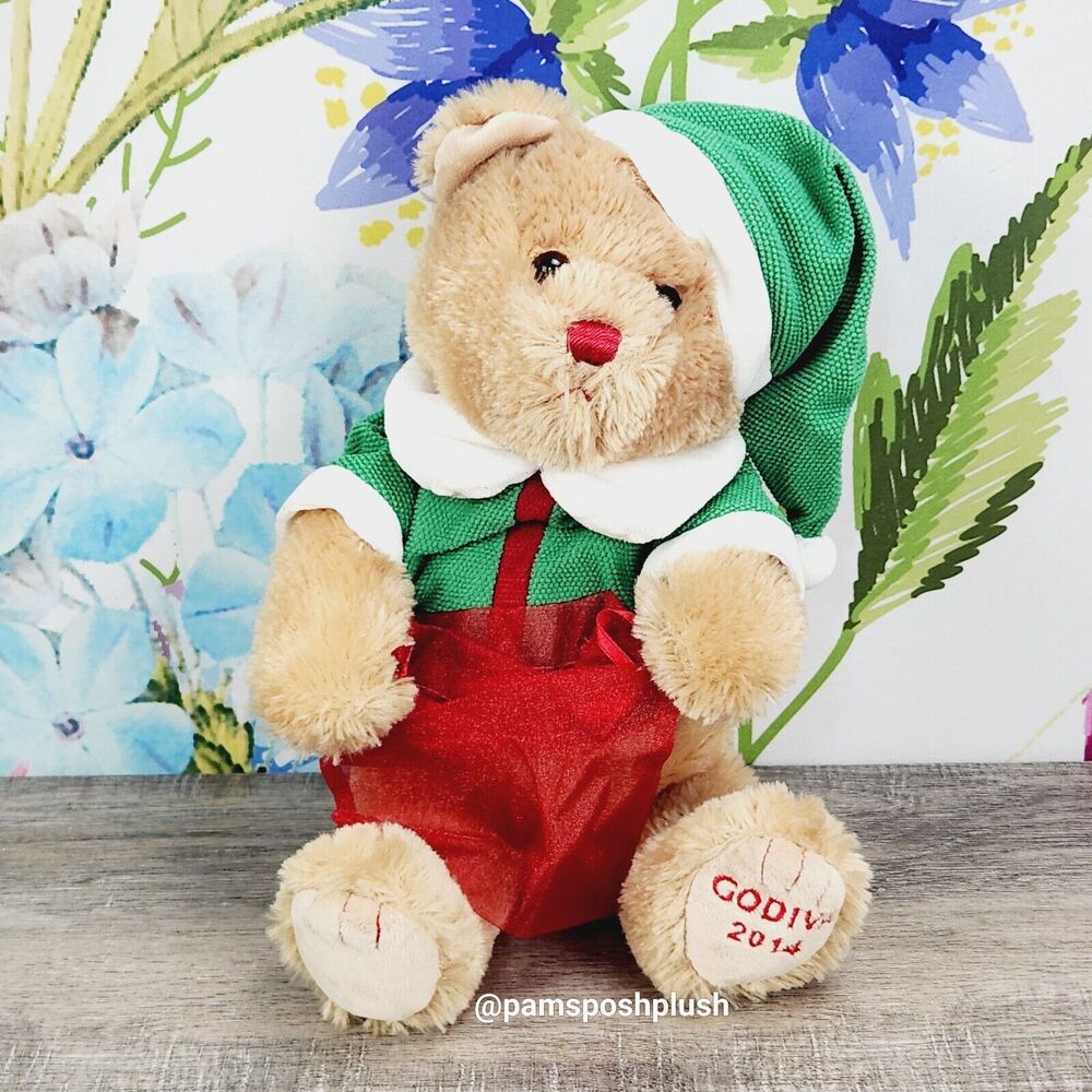 Gund Godiva Christmas Teddy Bear Plush 11" Elf Outfit Green Red 2014 Advertising